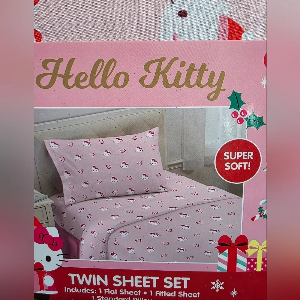 New pink Hello Kitty Twin Sheet Set Christmas candy cane Valentine's heart print